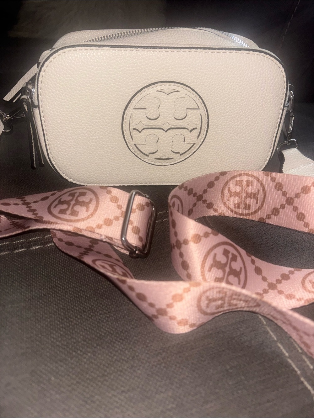 White Pebbled Leather Crossbody with Pink Logo Strap